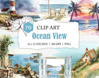 ocean view PNG images, coastal clip art, watercolour shoreline clipart, beach landscape, sea view digital resources, coastal landscape PNGs