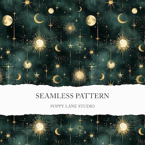 green celestial seamless pattern, astral paper, night sky printable, astral design, seamless astronomical pattern, witchcraft digital paper