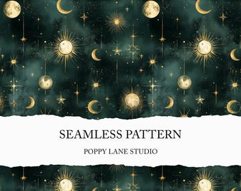 green celestial seamless pattern, astral paper, night sky printable, astral design, seamless astronomical pattern, witchcraft digital paper