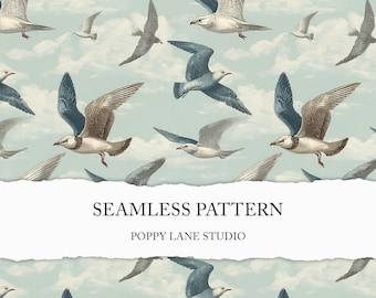 vintage seagull seamless pattern, maritime digital paper, seagull background, blue coastal bird scrapbook, seamless seagull surface pattern