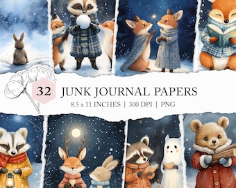 winter animals scrapbook paper, cute forest animal journal paper, woodland animal junk journal, winter animals digital paper, kids storybook
