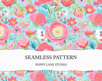 pink and blue flower background, preppy floral surface pattern, summer floral seamless background, preppy flower print, spring seamless file