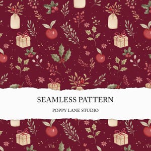 seamless winter foliage pattern, red Christmas background, watercolour winter greenery seamless pattern, classical Christmas printable JPEG