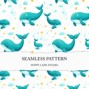 watercolour whale pattern, cute whale fabric print, whale digital paper, happy blue whale background, ocean seamless pattern, whale seamless