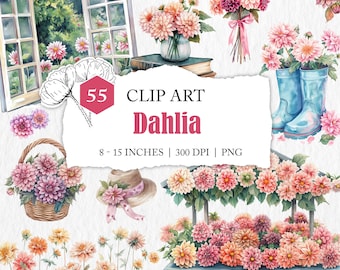 watercolour dahlia clip art, PNG dahlia images, cute floral clipart, watercolour flower clip art set, commercial use, flower clip art bundle