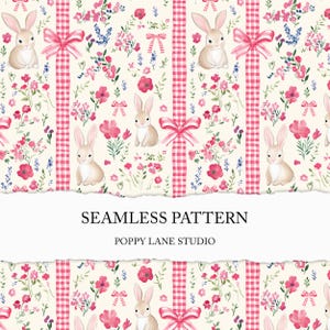 May include: Seamless pattern featuring bunnies, pink bows, and flowers on a cream background. Vertical stripes of pink gingham add a classic touch. The text "SEAMLESS PATTERN" and "POPPY LANE STUDIO" are displayed.