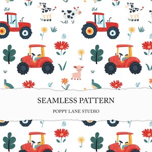 May include: A seamless pattern featuring red tractors, cows, pigs, and flowers on a white background. The text "SEAMLESS PATTERN" and "POPPY LANE STUDIO" is at the bottom of the image.