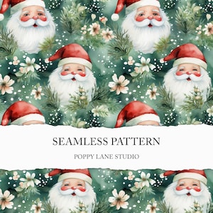 May include: A seamless pattern featuring watercolor illustrations of Santa Claus with a red hat and white beard, surrounded by white flowers and green foliage on a green background.