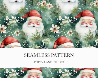 seamless green Santa background, Santa Claus seamless pattern, watercolour Santa Clause, seamless Christmas pattern, green Xmas background