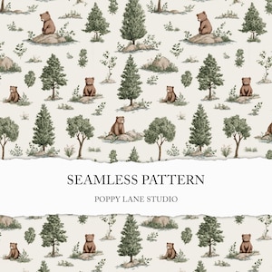 May include: A seamless pattern with watercolour illustrations of brown bears, evergreen trees, and bushes on a cream background. The text "SEAMLESS PATTERN" and "POPPY LANE STUDIO" are displayed in black font.