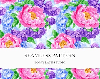 colourful peony seamless pattern, seamless peony pattern, watercolour floral background, pink and purple flowers, floral digital paper, JPEG