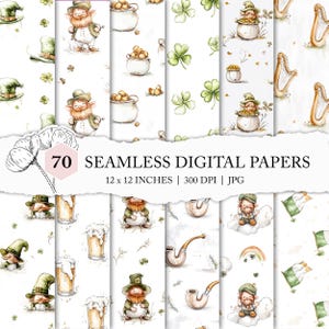 May include: Seventy seamless digital papers, each 12 x 12 inches, with St. Patrick's Day illustrations. Designs include leprechauns, pots of gold, shamrocks, harps, and beer. The papers are in JPG format.