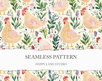 preppy chicken seamless pattern, farmhouse chicken digital paper, seamless cottagecore chickens, boho chicken fabric file, chicken printable