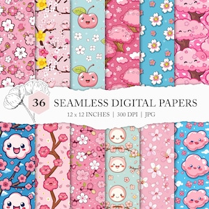 Patrón de flor de cerezo y ciruelo, papel digital Kawaii, flor de cerezo japonesa Chibi, papel imprimible con flor de ciruelo, flor de cerezo Kawaii JPG