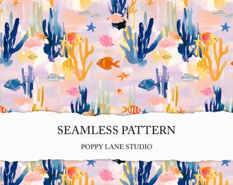 preppy coral reef background, seamless fish pattern, colourful underwater seamless pattern, ocean scrapbook paper, marine printable reef JPG