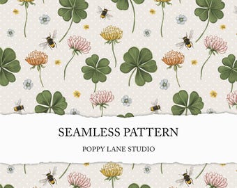 vintage clover background, four leaf clover seamless file, retro botanical surface pattern, digital paper, clover vintage print, good luck