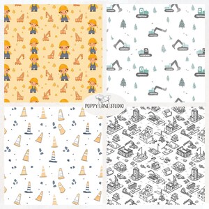 May include: Four digital paper patterns featuring construction themes. The first pattern is yellow with small construction workers, trucks, and trees. The second pattern is white with small blue and green construction trucks and trees. The third pattern is white with orange and blue traffic cones and grey rocks. The fourth pattern is white with black and grey construction vehicles, buildings, and trees.