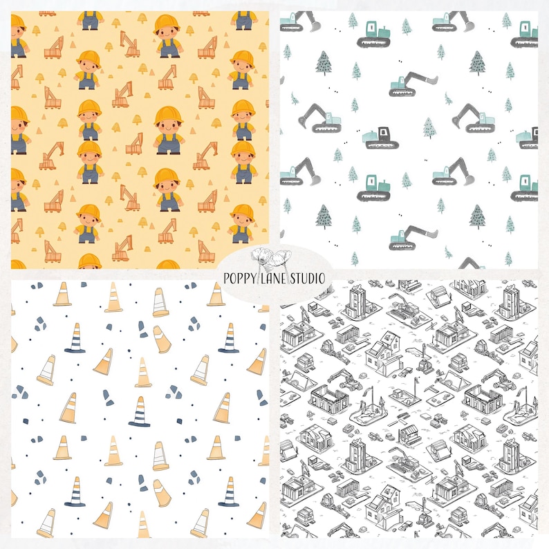 May include: Four digital paper patterns featuring construction themes. The first pattern is yellow with small construction workers, trucks, and trees. The second pattern is white with small blue and green construction trucks and trees. The third pattern is white with orange and blue traffic cones and grey rocks. The fourth pattern is white with black and grey construction vehicles, buildings, and trees.