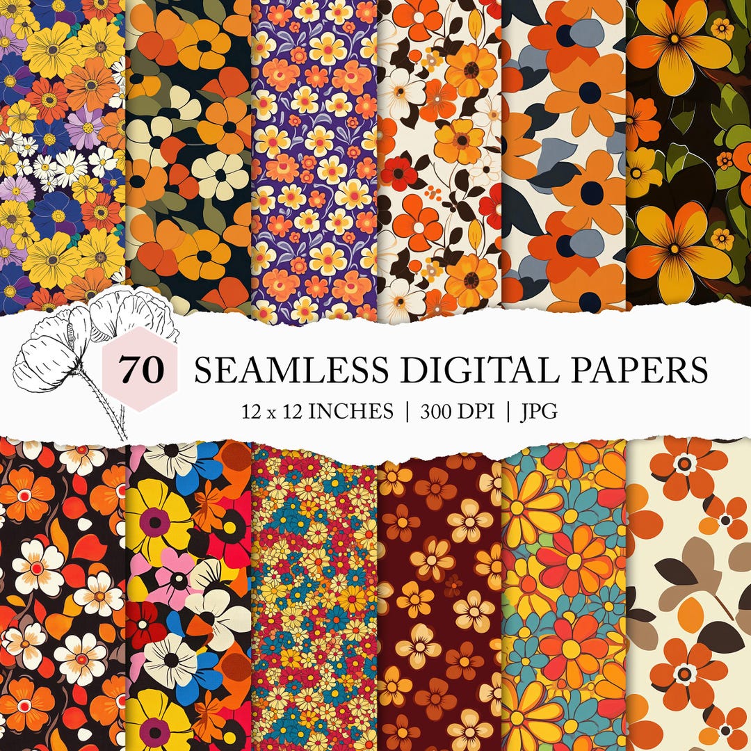 Flower Power Pattern, Flower Power Digital Papers, 1970s Retro Flower ...