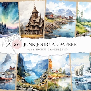Carnet de voyage Norvège, papier imprimable aquarelle Norvège, pages de journal de bordel de Norvège, papier de scrapbooking Norvège, journal de voyage scandinave