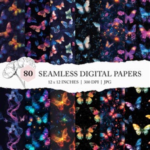 seamless magic butterfly pattern, glowing butterfly background, seamless butterfly digital paper, neon fantasy enchanted forest, printable