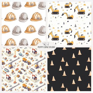May include: Four digital paper patterns featuring construction themes. The first pattern has yellow and grey hard hats on a white background. The second pattern has yellow construction vehicles on a white background with black and grey geometric shapes. The third pattern has a white background with yellow, orange, and blue construction vehicles and workers. The fourth pattern has a black background with yellow and orange traffic cones.