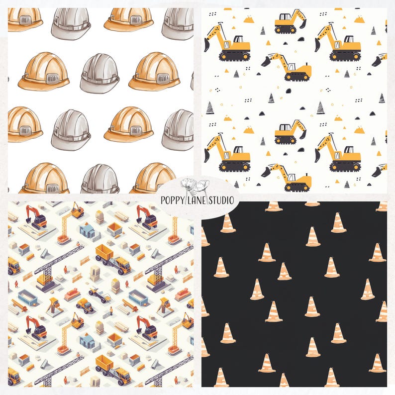 May include: Four digital paper patterns featuring construction themes. The first pattern has yellow and grey hard hats on a white background. The second pattern has yellow construction vehicles on a white background with black and grey geometric shapes. The third pattern has a white background with yellow, orange, and blue construction vehicles and workers. The fourth pattern has a black background with yellow and orange traffic cones.