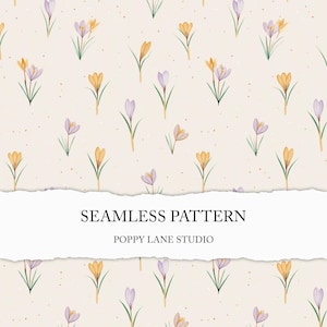 May include: A seamless pattern featuring watercolor illustrations of yellow and purple crocus flowers with green stems and leaves. The background is a speckled beige color. The text "SEAMLESS PATTERN" and "POPPY LANE STUDIO" are displayed on a white banner.