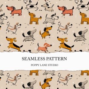 May include: A seamless pattern with cartoon dog illustrations in orange, brown, grey, and black on a beige background. The dogs are in various poses. The text "SEAMLESS PATTERN" and "POPPY LANE STUDIO" are also visible.