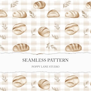 Peut inclure: Motif sans couture à l'aquarelle avec des pains et des brins sur un fond à carreaux beige et blanc. Le texte "SEAMLESS PATTERN" et "POPPY LANE STUDIO" est affiché sur une bannière en papier déchiré.