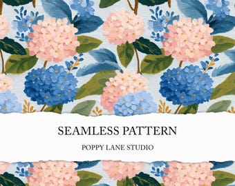 blue hydrangea background, gouache floral scrapbook paper, seamless hydrangea pattern, painterly hortensia digital paper, custom fabric file