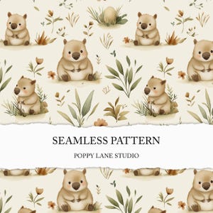 Könnte beinhalten: Nahtloses Muster mit Aquarellillustrationen von niedlichen Wombats, vor einem hellbeigen Hintergrund mit floralen und Blattelementen. Das Design enthält den Text "SEAMLESS PATTERN" und "POPPY LANE STUDIO".
