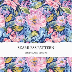 blue pink floral seamless pattern, preppy flower pattern, acrylic flower background, spring floral scrapbook paper, colourful floral design