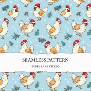 May include: A seamless pattern featuring a repeating design of white chickens wearing red Santa hats on a light blue background with snowflakes, red berries, and green pine branches.
