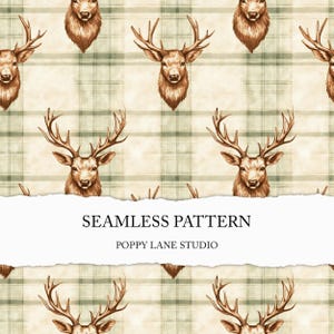 vintage deer seamless pattern, hunting background, deer digital paper, cottagecore deer pattern, plaid deer printable paper, commercial use