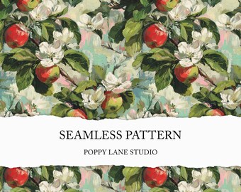gouache apple pattern, seamless apple background, apple seamless file, painterly fruit textile design, impasto apple digital paper, summer