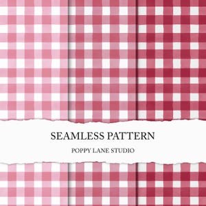 May include: A seamless pattern design featuring a red and white gingham check pattern. The text "SEAMLESS PATTERN" and "POPPY LANE STUDIO" are displayed on a torn paper banner across the image.