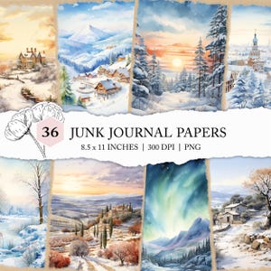Page de journal de paysage d'hiver européen, paysage d'hiver aquarelle imprimable, cartes postales au pays des merveilles d'hiver, page de journal de voyage en Europe indésirable