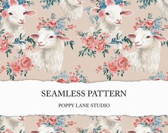 floral sheep surface pattern, Easter lamb background, flower crown sheep seamless file, preppy spring seamless, cottagecore lamb printable