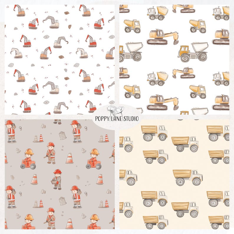 May include: Four seamless patterns featuring construction vehicles and workers. The patterns include yellow dumper trucks, red excavators, and construction workers wearing hard hats and orange vests. The patterns are on a white, beige, and grey background.