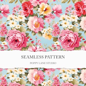 Op de afbeelding: Een naadloos patroon met een bloemenontwerp met roze, rode en gele bloemen op een lichtblauwe achtergrond. De tekst "Seamless Pattern" en "Poppy Lane Studio" wordt weergegeven op een witte banner.