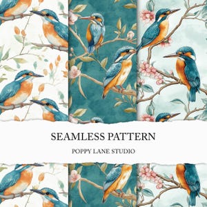 seamless kingfisher pattern, kingfisher digital paper, downloadable seamless pattern, colourful bird printable, kingfisher craft paper set