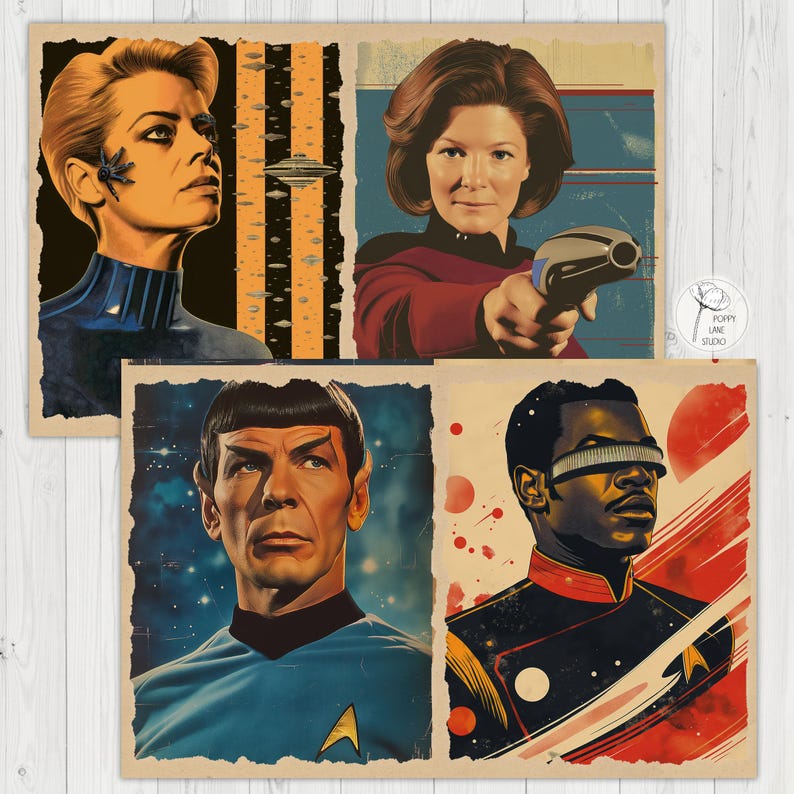May include: Four vintage-style Star Trek art prints. The prints feature portraits of characters from the series, including a woman with a weapon, and Spock. The prints have a distressed, aged look with a neutral background.