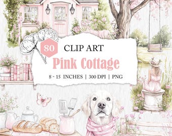 pink cottage clip art, cute cottagecore graphic elements, pink country girl PNG image, girly farmhouse clipart, watercolor cottage PNG files