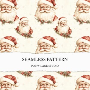 May include: A seamless pattern featuring a repeating design of Santa Claus with a red hat and white beard. The background is a cream color with a subtle snowflake pattern.
