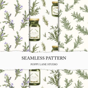 May include: A seamless pattern design featuring sprigs of green rosemary and purple flowers scattered on a cream background. Jars of rosemary tincture are also included in the design. The text "SEAMLESS PATTERN" and "POPPY LANE STUDIO" are displayed.