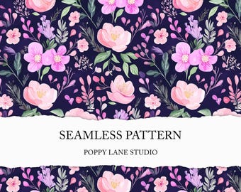 purple flower pattern, watercolour floral digital paper, seamless lilac flower background, pastel lavender floral print, pink floral pattern