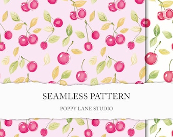 cute cherry pattern, seamless cherry background, cherry digital paper, cherry seamless file, commercial use JPEG, watercolour summer fruit