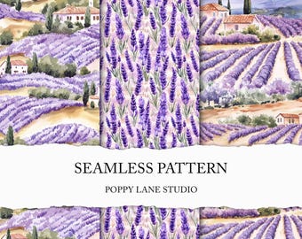 seamless Provence pattern, France surface design, lavender field landscape printable, Mediterranean background, lavender digital paper, JPEG