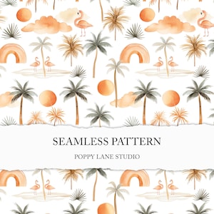 sunset beach pattern, watercolour beach background, seamless beach pattern, tropical beach flamingo sunset palm tree, beach scrapbook paper